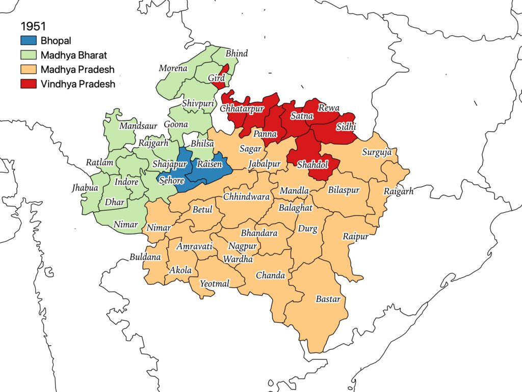 a map demarcating boundaries of the state of Bhopal, Madhya Bharat, Vindhya Pradesh and Madhya Pradesh